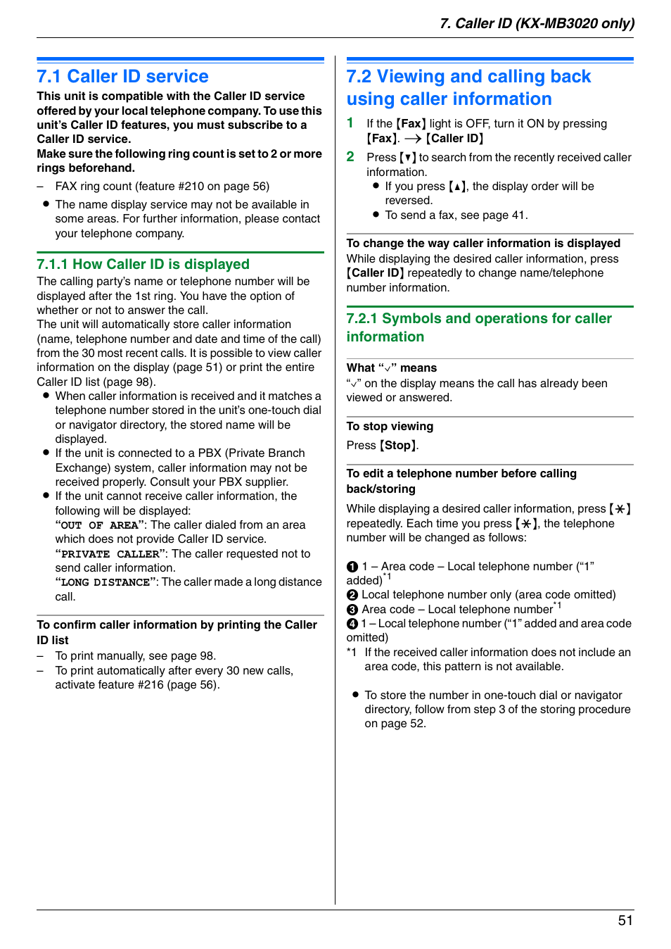 Caller id (kx-mb3020 only), Caller id, 1 caller id service | Caller id service, Viewing and calling back using caller information, 1 caller id service, 1 how caller id is displayed, 1 symbols and operations for caller information | Panasonic KX-MB3020 User Manual | Page 51 / 116
