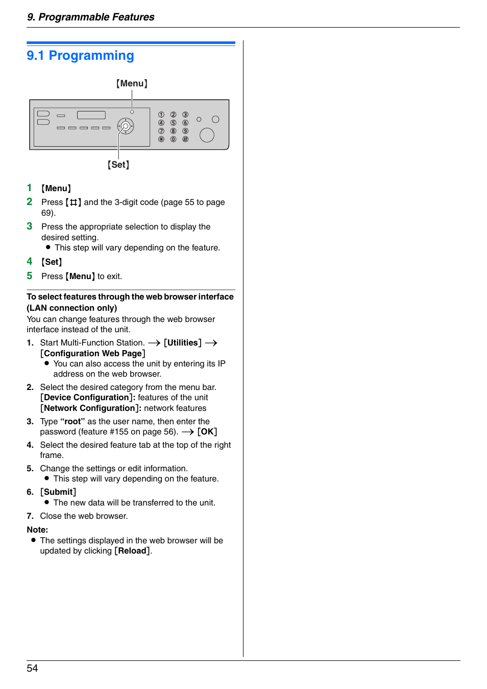 Programmable features, Features summary, 1 programming | Programming, 1 programming, Programmable features 54 | Panasonic KX-MB3020 User Manual | Page 54 / 116