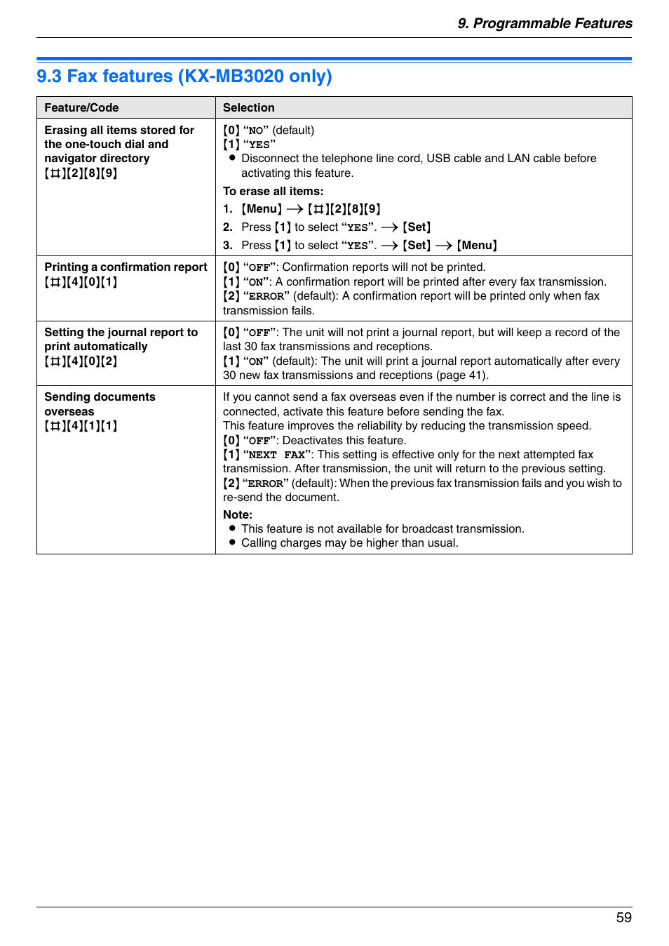3 fax features (kx-mb3020 only), Fax features (kx-mb3020 only), Programmable features 59 | Panasonic KX-MB3020 User Manual | Page 59 / 116