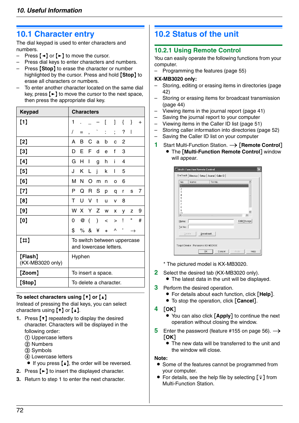 Useful information, 1 character entry, 2 status of the unit | Character entry, Status of the unit, 1 character entry, 2 status of the unit, Useful information 72, 1 using remote control | Panasonic KX-MB3020 User Manual | Page 72 / 116