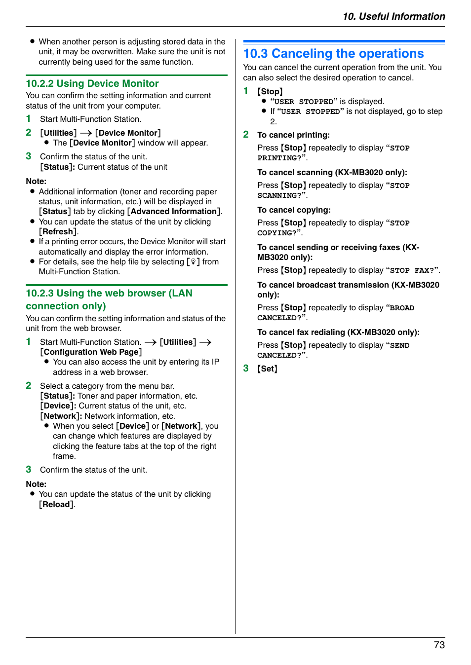 3 canceling the operations, Canceling the operations, 3 canceling the operations | Panasonic KX-MB3020 User Manual | Page 73 / 116