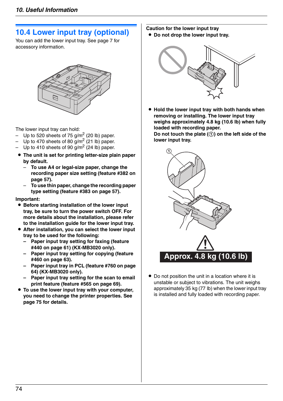 Option, 4 lower input tray (optional), Lower input tray (optional) | 4 lower input tray (optional), Useful information 74 | Panasonic KX-MB3020 User Manual | Page 74 / 116