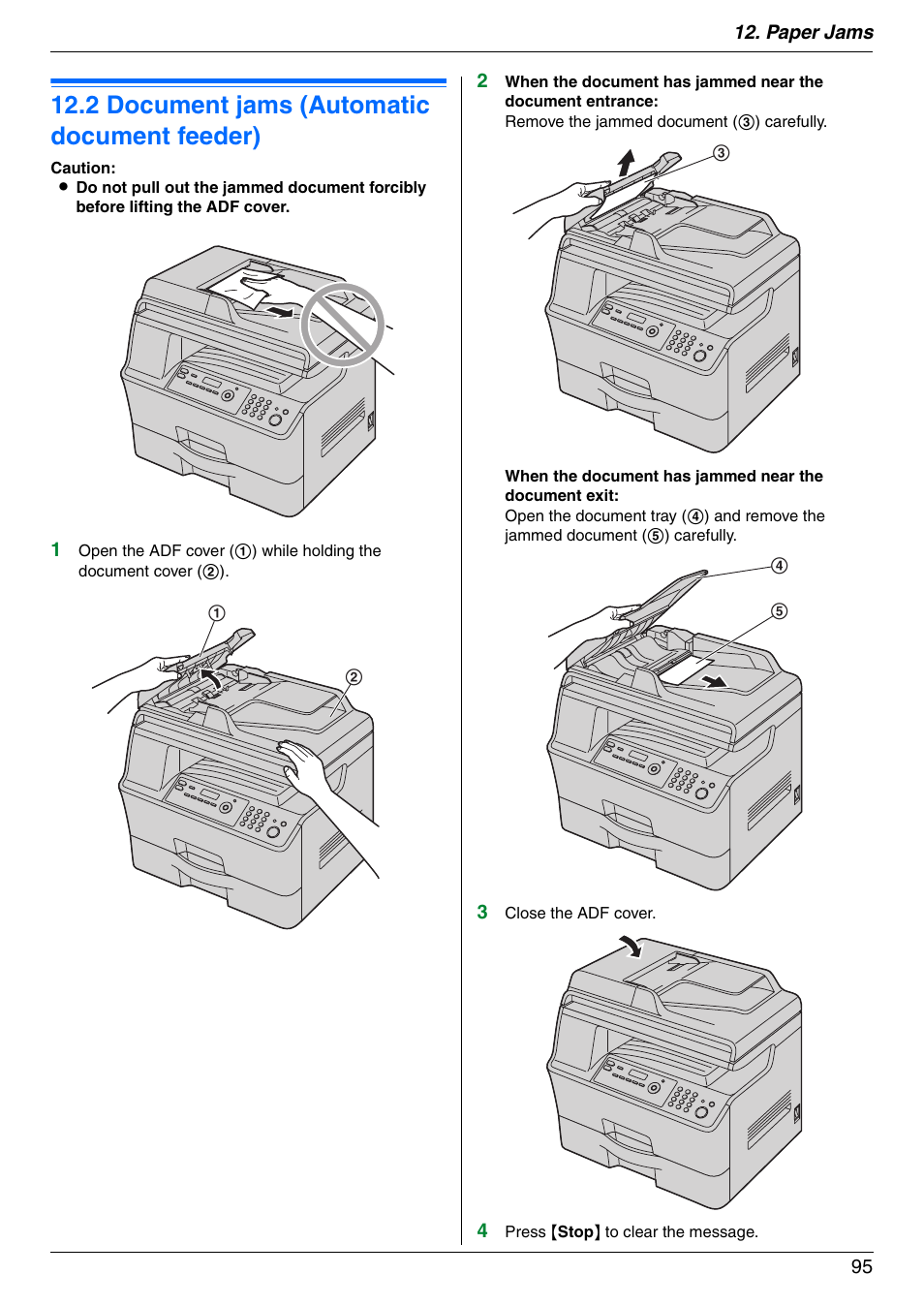 2 document jams (automatic document feeder), Document jams (automatic document feeder), 2 document jams (automatic document feeder) | Panasonic KX-MB3020 User Manual | Page 95 / 116