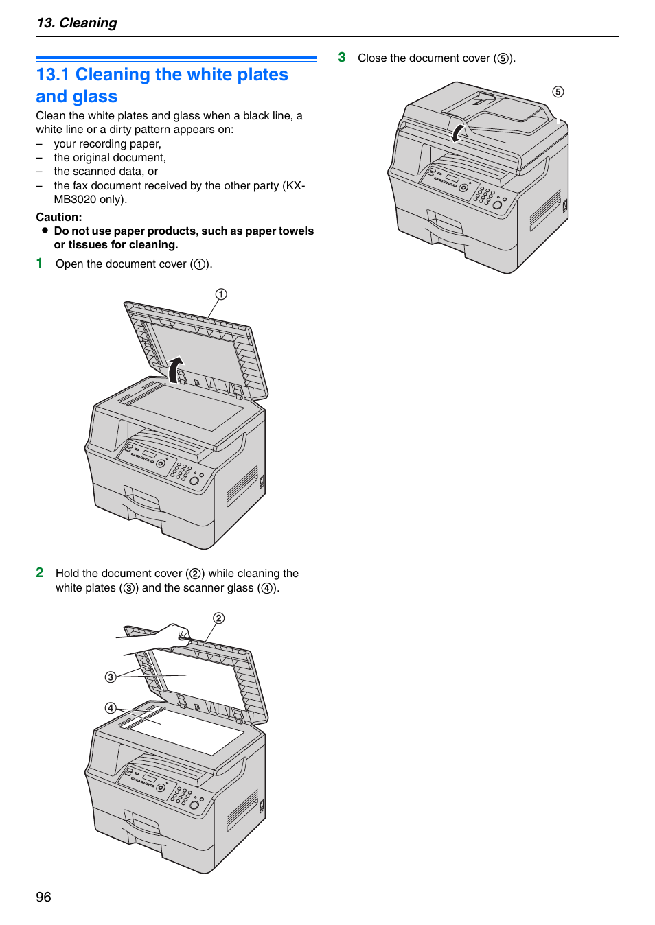 Cleaning, 1 cleaning the white plates and glass, Cleaning the white plates and glass | 1 cleaning the white plates and glass, Cleaning 96 | Panasonic KX-MB3020 User Manual | Page 96 / 116