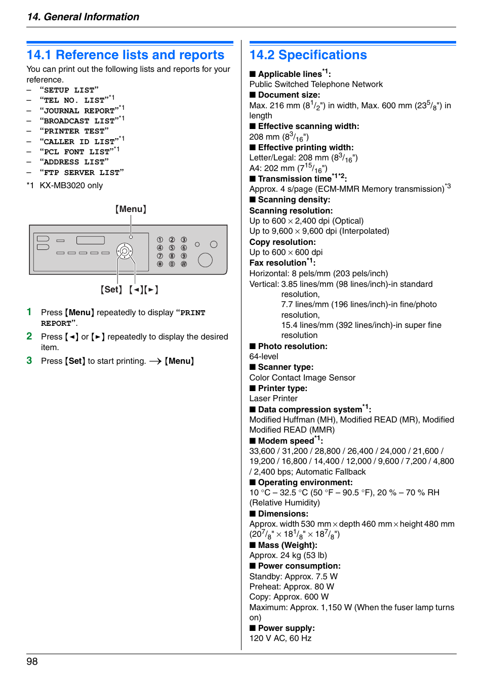 General information, Printed reports, 1 reference lists and reports | Specifications, 2 specifications, Reference lists and reports, 1 reference lists and reports, 2 specifications, General information 98 | Panasonic KX-MB3020 User Manual | Page 98 / 116