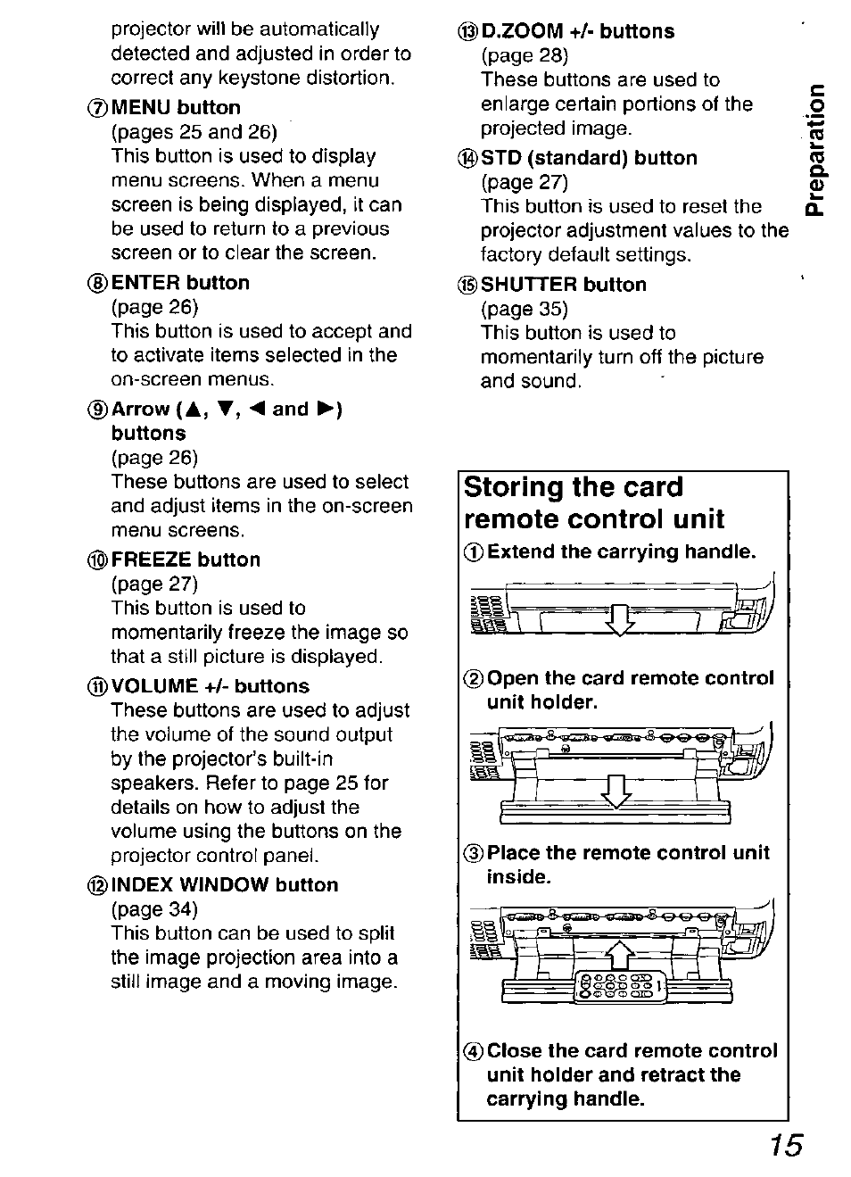 D.zoom +/- buttons, Storing the card remote control unit, 0 extend the carrying handle | 2) open the card remote control unit holder, I place the remote control unit inside | Panasonic DIGITAL MULTIMEDIA PROJECTOR PT-L501XU User Manual | Page 15 / 64