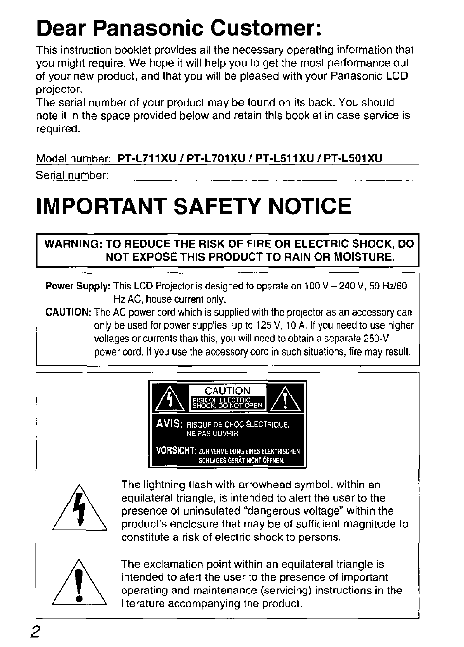 Dear panasonic customer, Important safety notice, D ear panasonic custom er | Im portan t safety n o tice | Panasonic DIGITAL MULTIMEDIA PROJECTOR PT-L501XU User Manual | Page 2 / 64