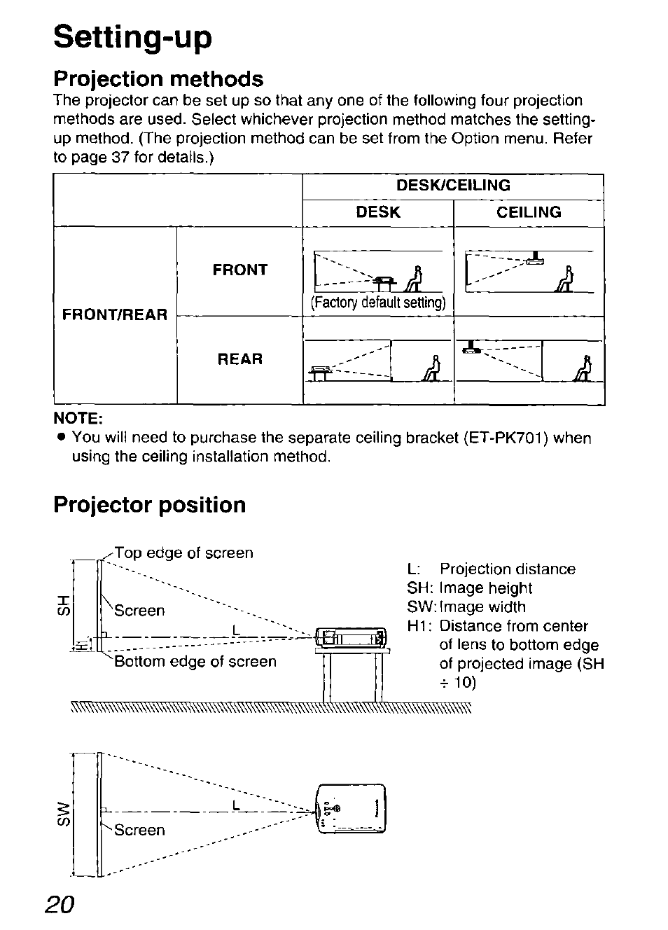 Setting-up, Projection methods, Projector position | Projection methods projector position, Vii a a, Fl-'——j a a | Panasonic DIGITAL MULTIMEDIA PROJECTOR PT-L501XU User Manual | Page 20 / 64
