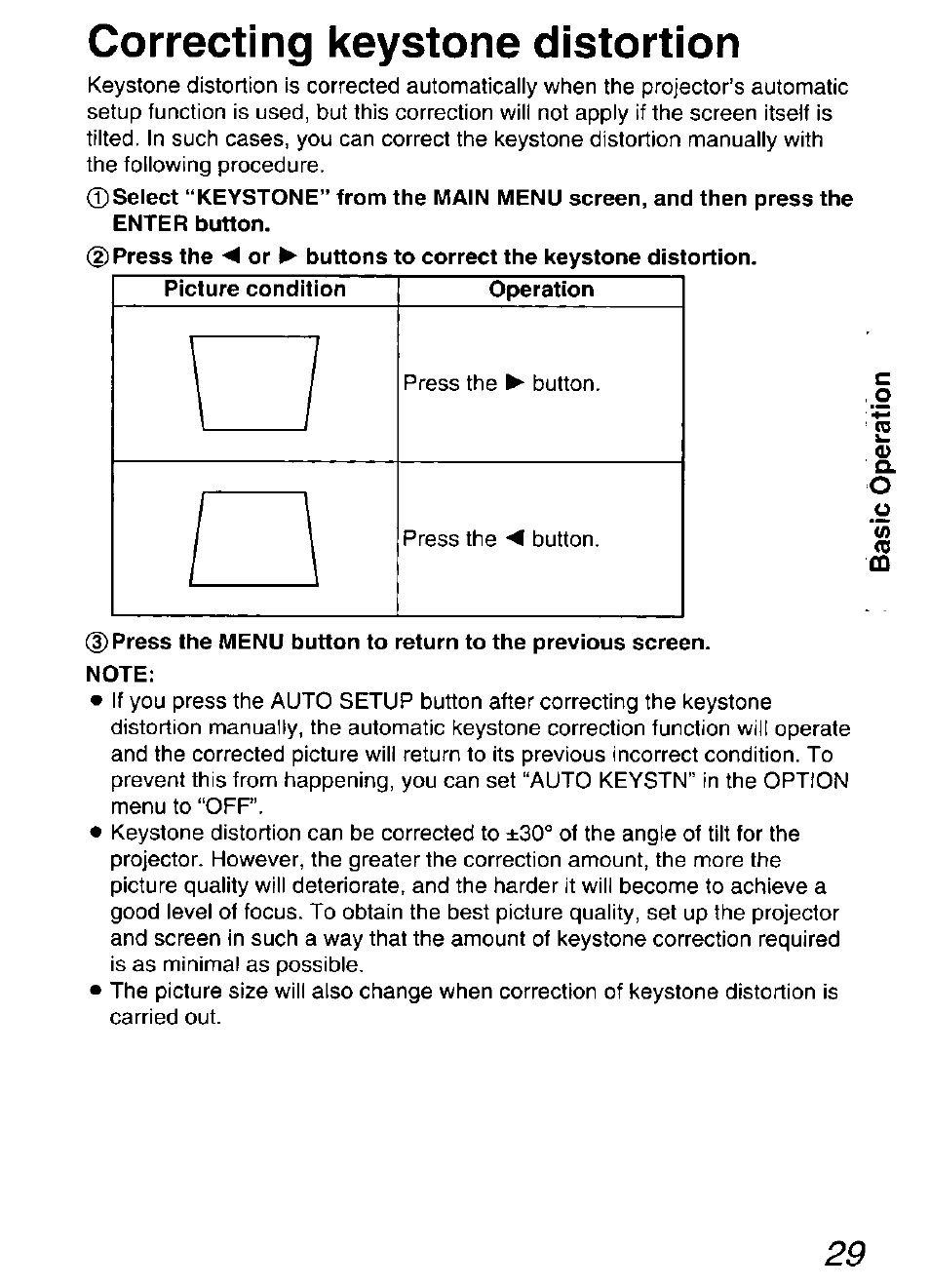Correcting keystone distortion | Panasonic DIGITAL MULTIMEDIA PROJECTOR PT-L501XU User Manual | Page 29 / 64