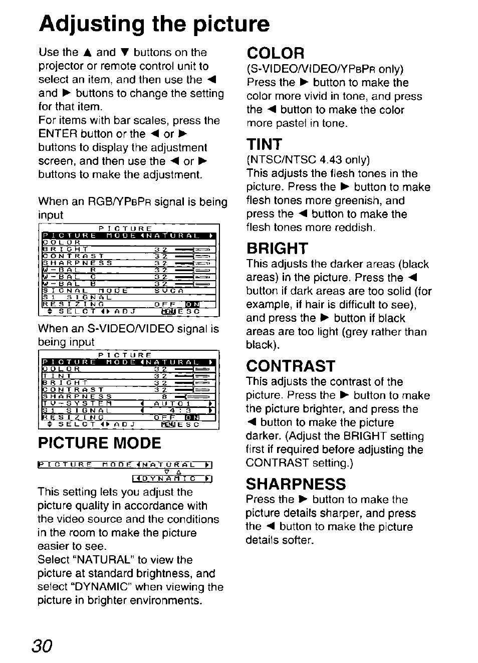 Adjusting the picture, Picture mode, Color | Tint, Bright, Contrast, Sharpness | Panasonic DIGITAL MULTIMEDIA PROJECTOR PT-L501XU User Manual | Page 30 / 64