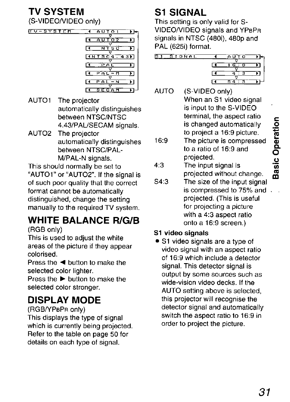 Tv system, S1 signal, White balance r/g/b | Display mode, Display mode s1 signal | Panasonic DIGITAL MULTIMEDIA PROJECTOR PT-L501XU User Manual | Page 31 / 64