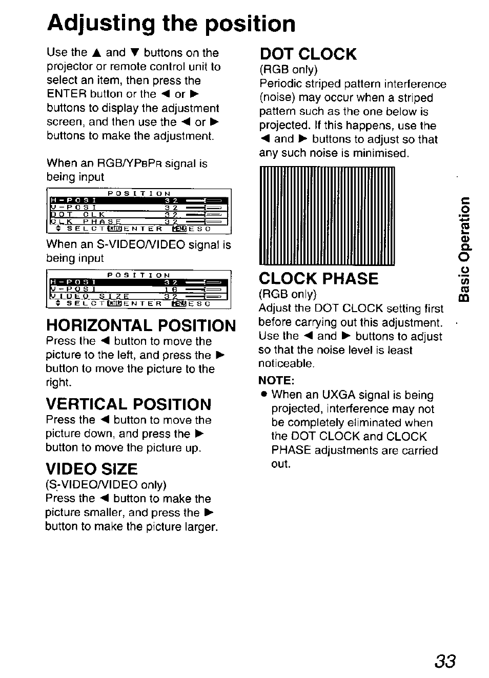 Adjusting the position, Horizontal position, Vertical position | Video size, Dot clock, Clock phase, Note, Vertical position video size | Panasonic DIGITAL MULTIMEDIA PROJECTOR PT-L501XU User Manual | Page 33 / 64