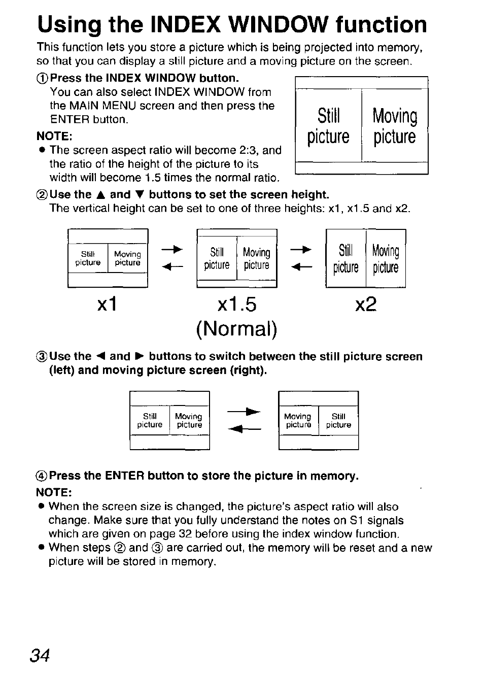 Using the index window function, X1 x1.5 (normal) x2 | Panasonic DIGITAL MULTIMEDIA PROJECTOR PT-L501XU User Manual | Page 34 / 64
