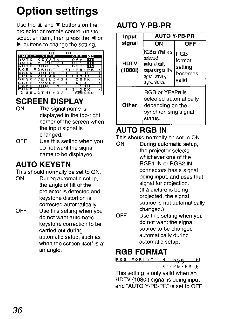 Option settings, Screen display, Auto keystn | Auto y pb pr, Auto rgb in, Rgb format, Screen display auto keystn autoypb-pr auto rgb in, O ption settings | Panasonic DIGITAL MULTIMEDIA PROJECTOR PT-L501XU User Manual | Page 36 / 64