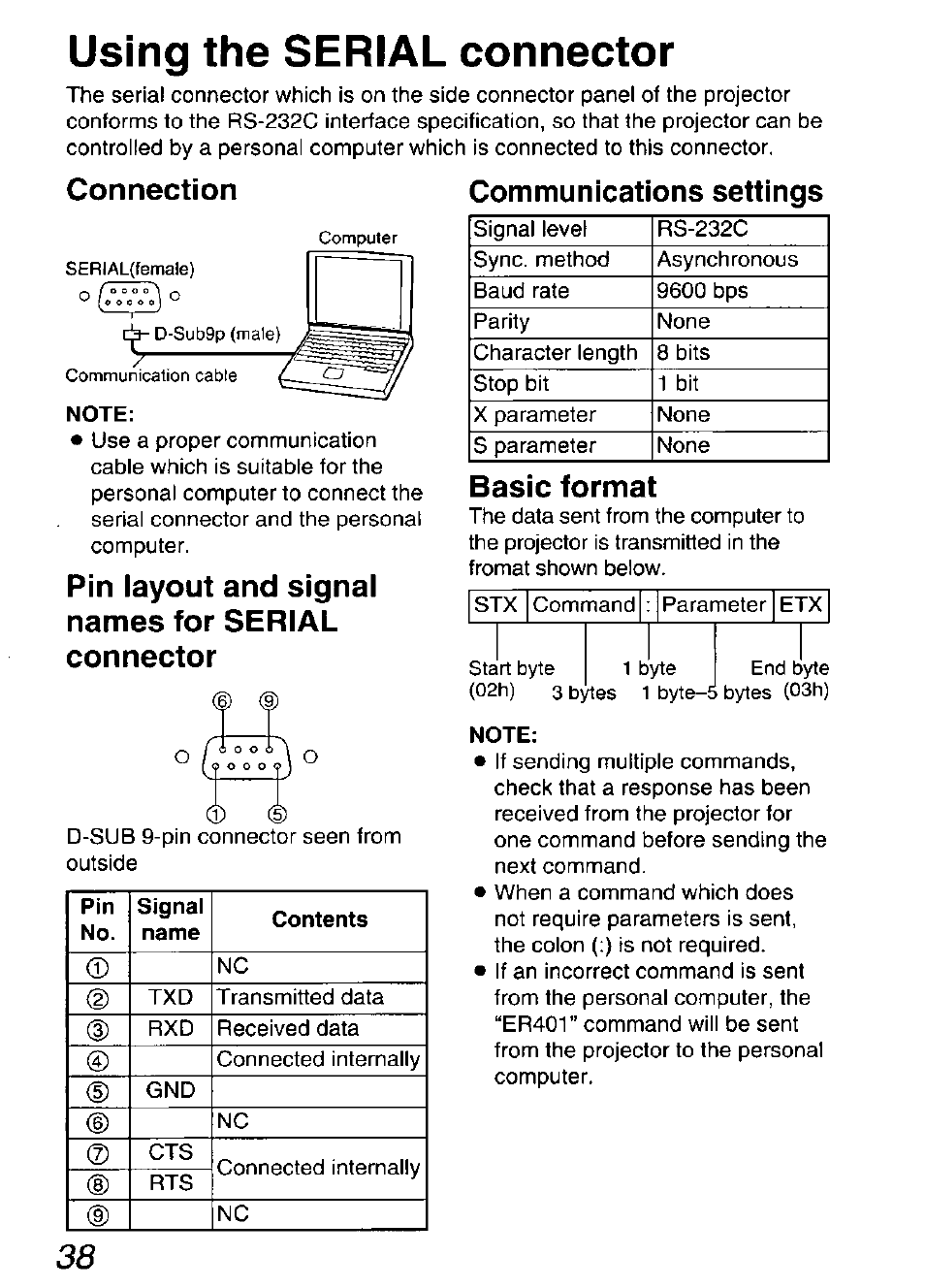 Using the serial connector, Connection communications settings, Note | Pin layout and signal names for serial connector, Basic format, U sing the serial connector | Panasonic DIGITAL MULTIMEDIA PROJECTOR PT-L501XU User Manual | Page 38 / 64