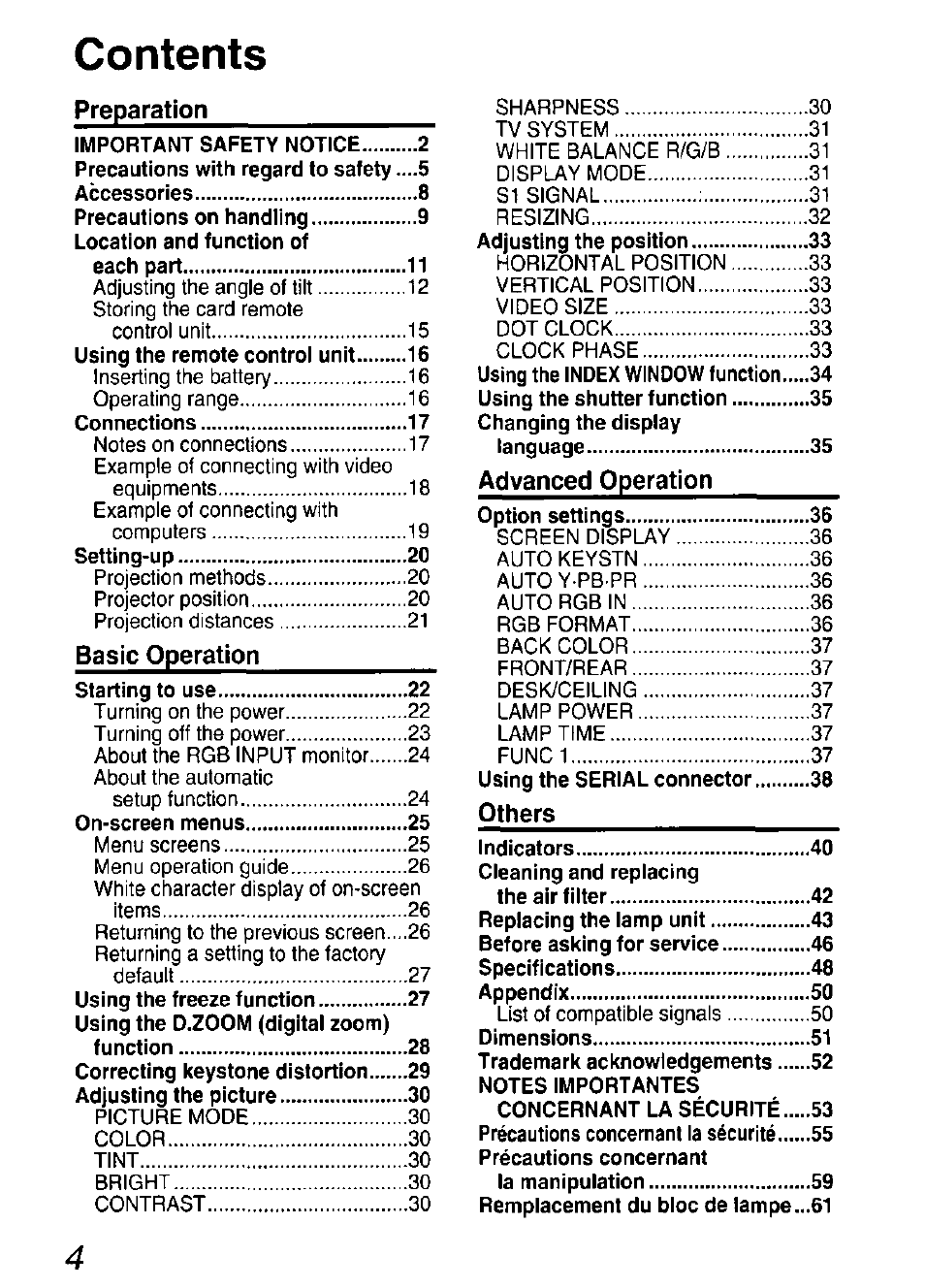 Panasonic DIGITAL MULTIMEDIA PROJECTOR PT-L501XU User Manual | Page 4 / 64