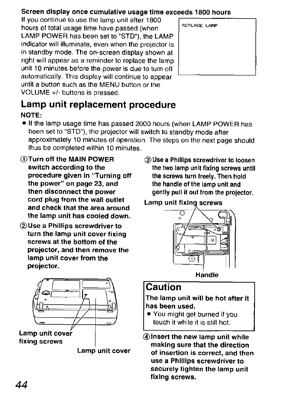 Lamp unit replacement procedure, Caution | Panasonic DIGITAL MULTIMEDIA PROJECTOR PT-L501XU User Manual | Page 44 / 64