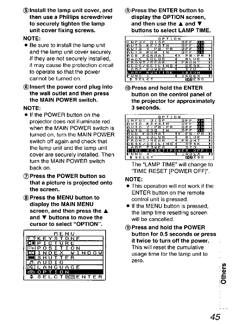Note, M e n u, I r a | Beidil, 1std | Panasonic DIGITAL MULTIMEDIA PROJECTOR PT-L501XU User Manual | Page 45 / 64
