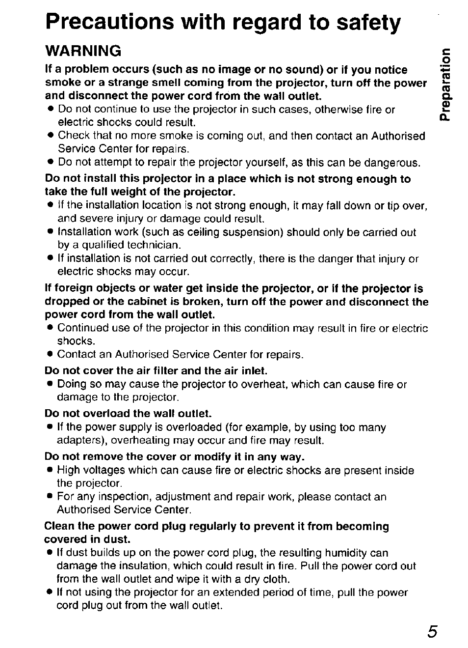Precautions with regard to safety, Warning, Precautions w ith regard to safety | Panasonic DIGITAL MULTIMEDIA PROJECTOR PT-L501XU User Manual | Page 5 / 64