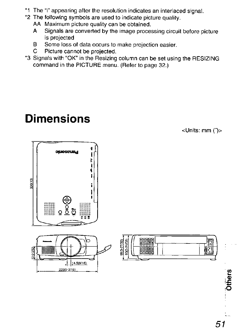 Dimensions, D im ensions | Panasonic DIGITAL MULTIMEDIA PROJECTOR PT-L501XU User Manual | Page 51 / 64