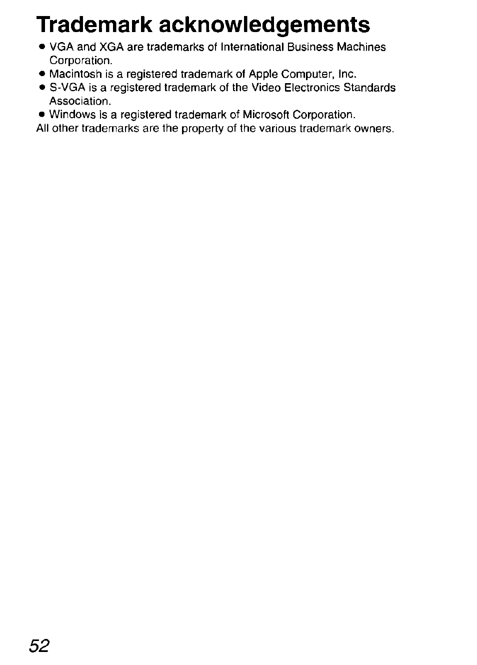 Trademark acknowledgements, Tradem ark acknow ledgem ents | Panasonic DIGITAL MULTIMEDIA PROJECTOR PT-L501XU User Manual | Page 52 / 64