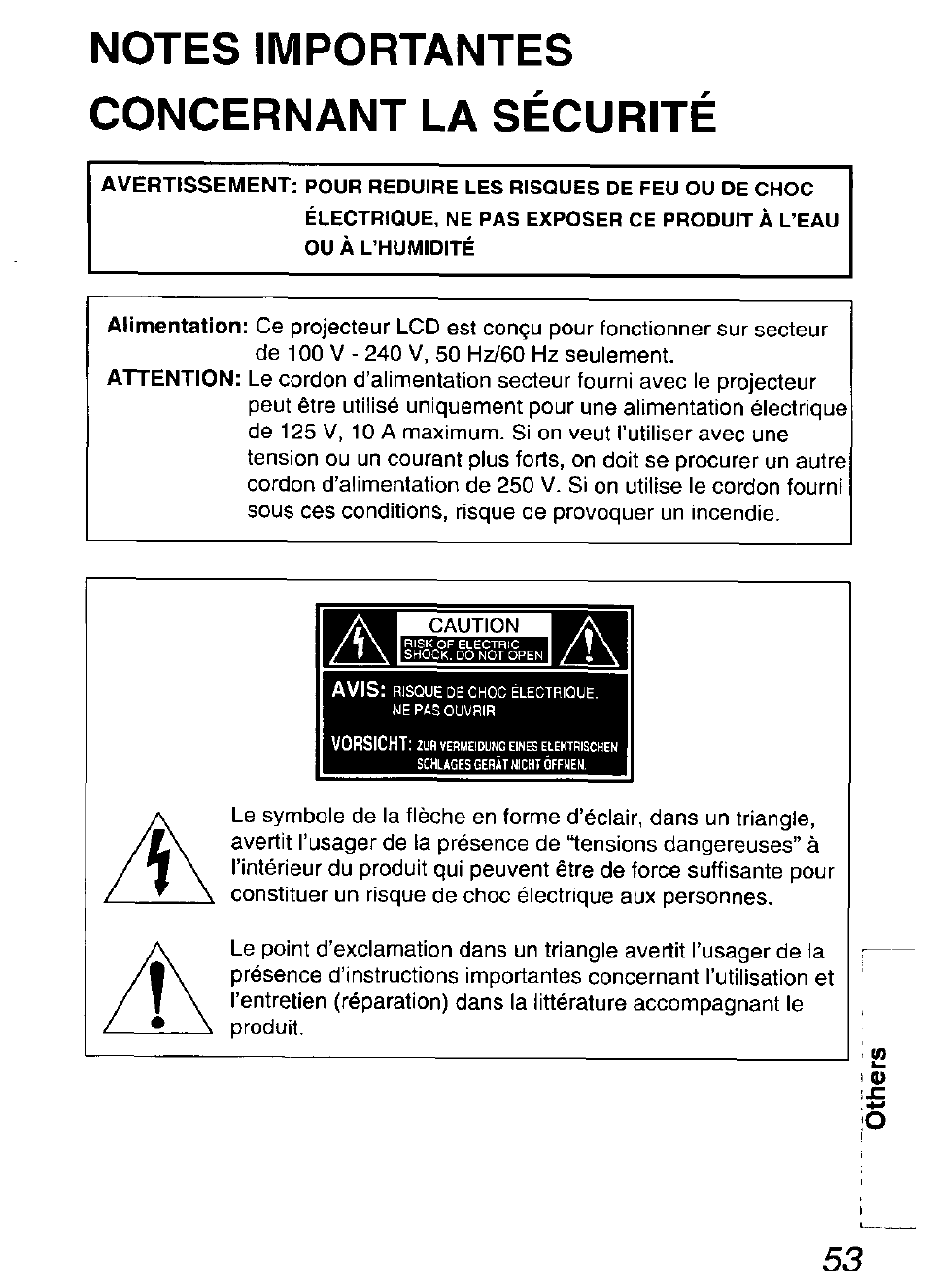 Notes importantes concernant la sécurité, N otes im po rtan tes con cern an t la sécu rité | Panasonic DIGITAL MULTIMEDIA PROJECTOR PT-L501XU User Manual | Page 53 / 64