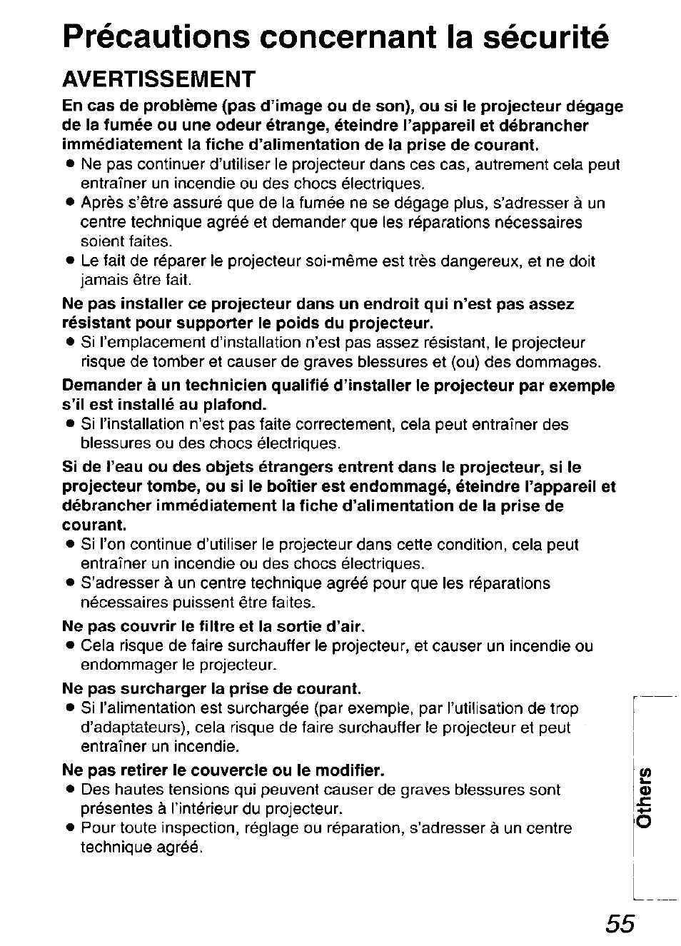 Précautions concernant la sécurité, Avertissement | Panasonic DIGITAL MULTIMEDIA PROJECTOR PT-L501XU User Manual | Page 55 / 64