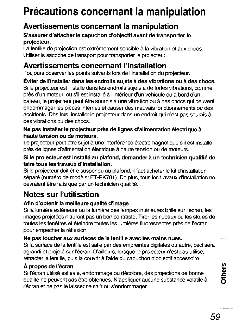 Précautions concernant la manipulation, Avertissements concernant la manipulation, Avertissements concernant rinstallation | Notes sur tutilisation | Panasonic DIGITAL MULTIMEDIA PROJECTOR PT-L501XU User Manual | Page 59 / 64