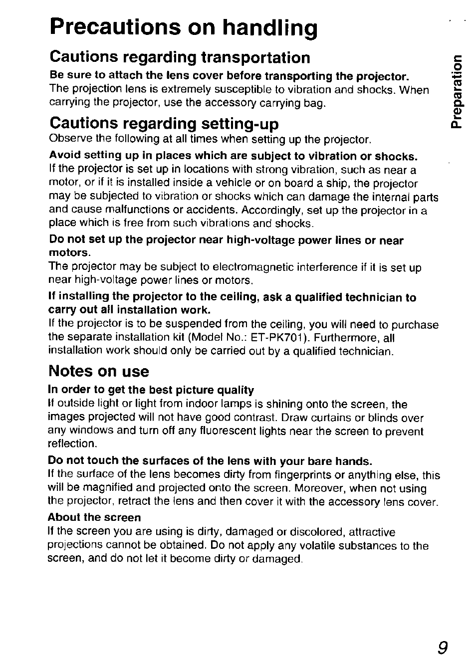 Precautions on handling, Cautions regarding transportation, Cautions regarding setting-up | Notes on use | Panasonic DIGITAL MULTIMEDIA PROJECTOR PT-L501XU User Manual | Page 9 / 64