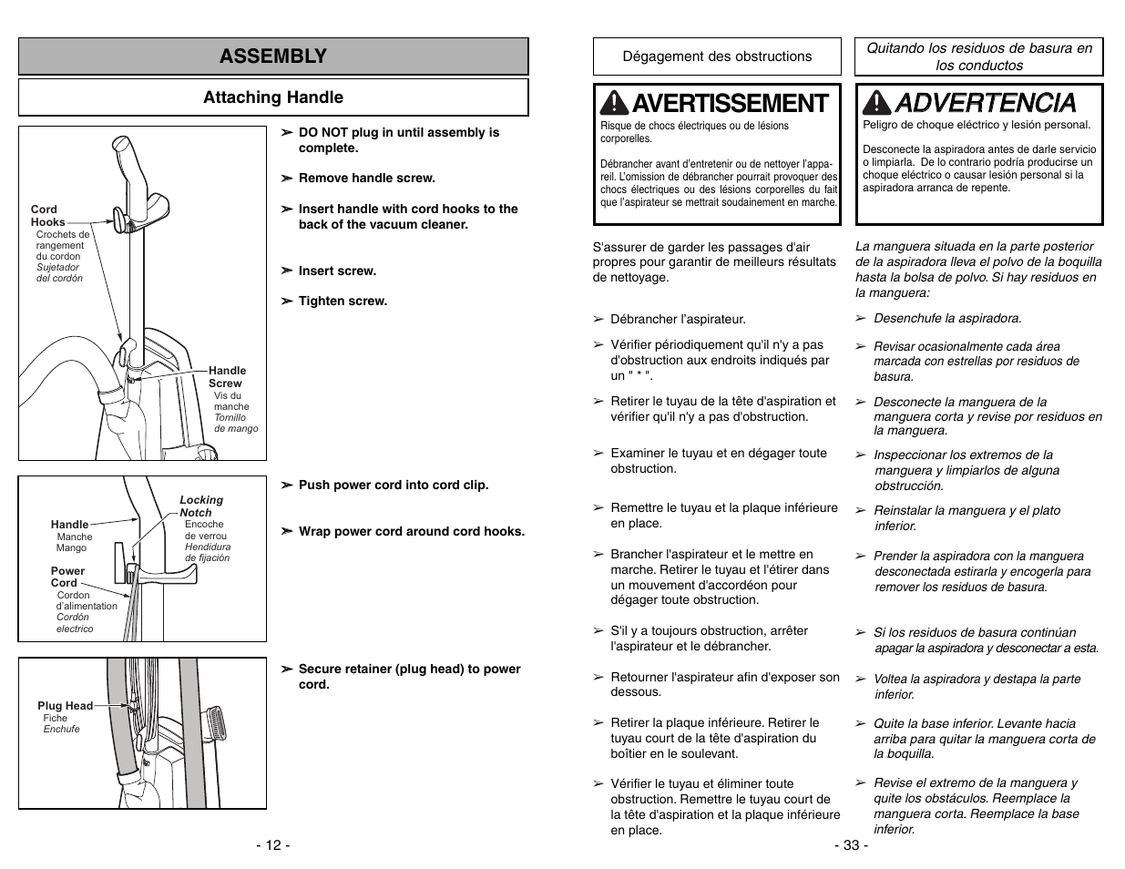 Assembly, Attaching handle, Aad dv ve er rt te en nc ciia a | Avertissement | Panasonic MC-UG371 User Manual | Page 12 / 44