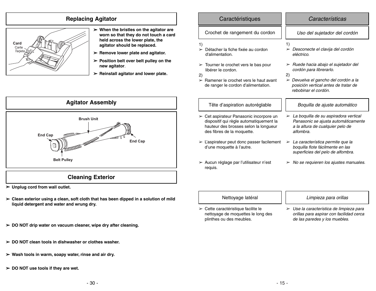 Caracteristiques, Crochet de rangement du cordon, Tete d'aspiration autoreglable | Nettoyage lateral, Caracteristicas, Uso del sujetador del cordon, Boquilla de ajuste automatico, Limpieza para orillas | Panasonic MC-UG371 User Manual | Page 15 / 44