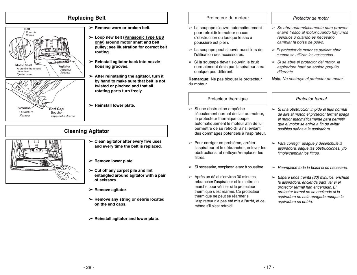 Protecteur du moteur, Protecteur thermique, Protector de motor | Protector termal, Cleaning agitator, Replacing belt | Panasonic MC-UG371 User Manual | Page 17 / 44