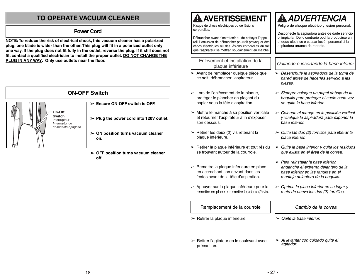 To operate vacuum cleaner, Power cord, On-off switch | Aad dv ve er rt te en nc ciia a, Avertissement | Panasonic MC-UG371 User Manual | Page 18 / 44