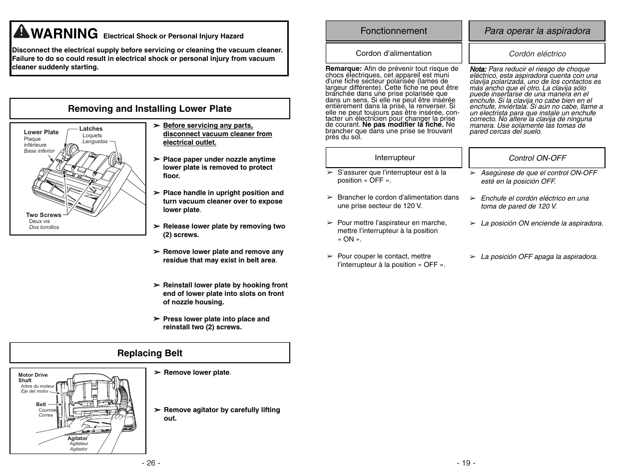 Fonctionnement, Cordon d'alimentation, Interrupteur | Para operar la aspiradora, Cordon electrico, Control on-off, Warning, Para operar la aspiradora fonctionnement, Replacing belt, Removing and installing lower plate | Panasonic MC-UG371 User Manual | Page 19 / 44