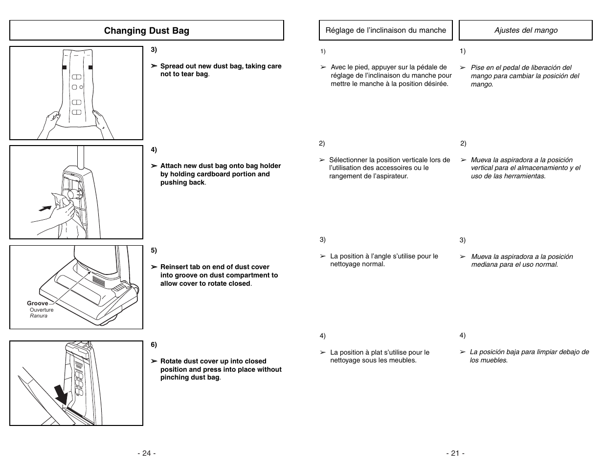 Reglage de i'inclinaison du manche, Ajustes del mango, Changing dust bag | Panasonic MC-UG371 User Manual | Page 21 / 44