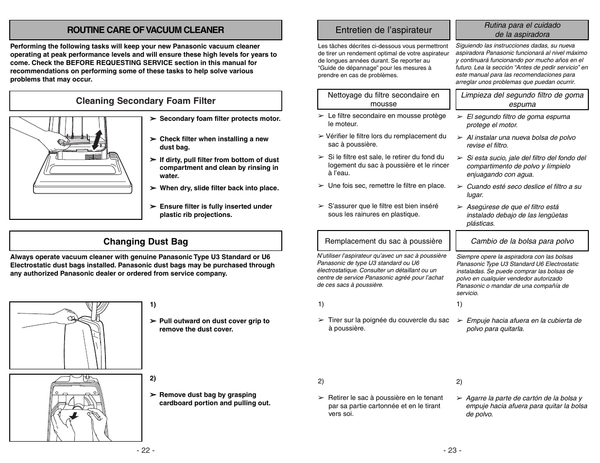 Routine care of vacuum cleaner, Cleaning secondary foam filter, Changing dust bag | Panasonic MC-UG371 User Manual | Page 22 / 44