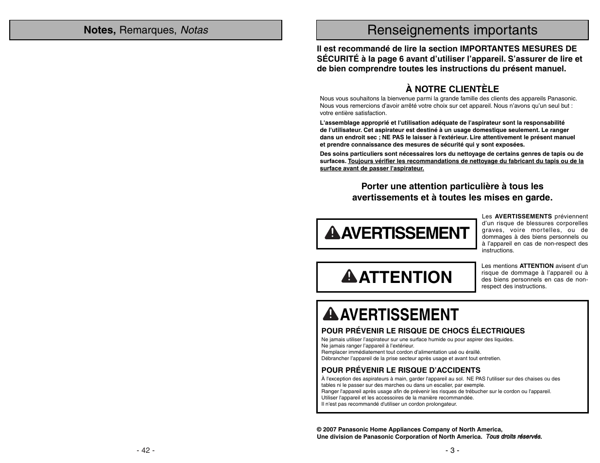 Renseignements importants, Avertissement, Attention | Notas | Panasonic MC-UG371 User Manual | Page 3 / 44