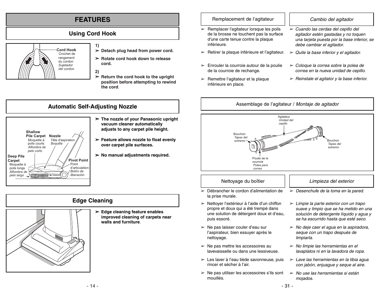 Remplacement de l'agiateur, Assemblage de l'agiateur, Nettoyage du boitier | Cambio del agitador, Montaje de agitador, Limpieza del exterior, Features, Using cord hook, Automatic self-adjusting nozzle, Edge cleaning | Panasonic MC-UG371 User Manual | Page 31 / 44