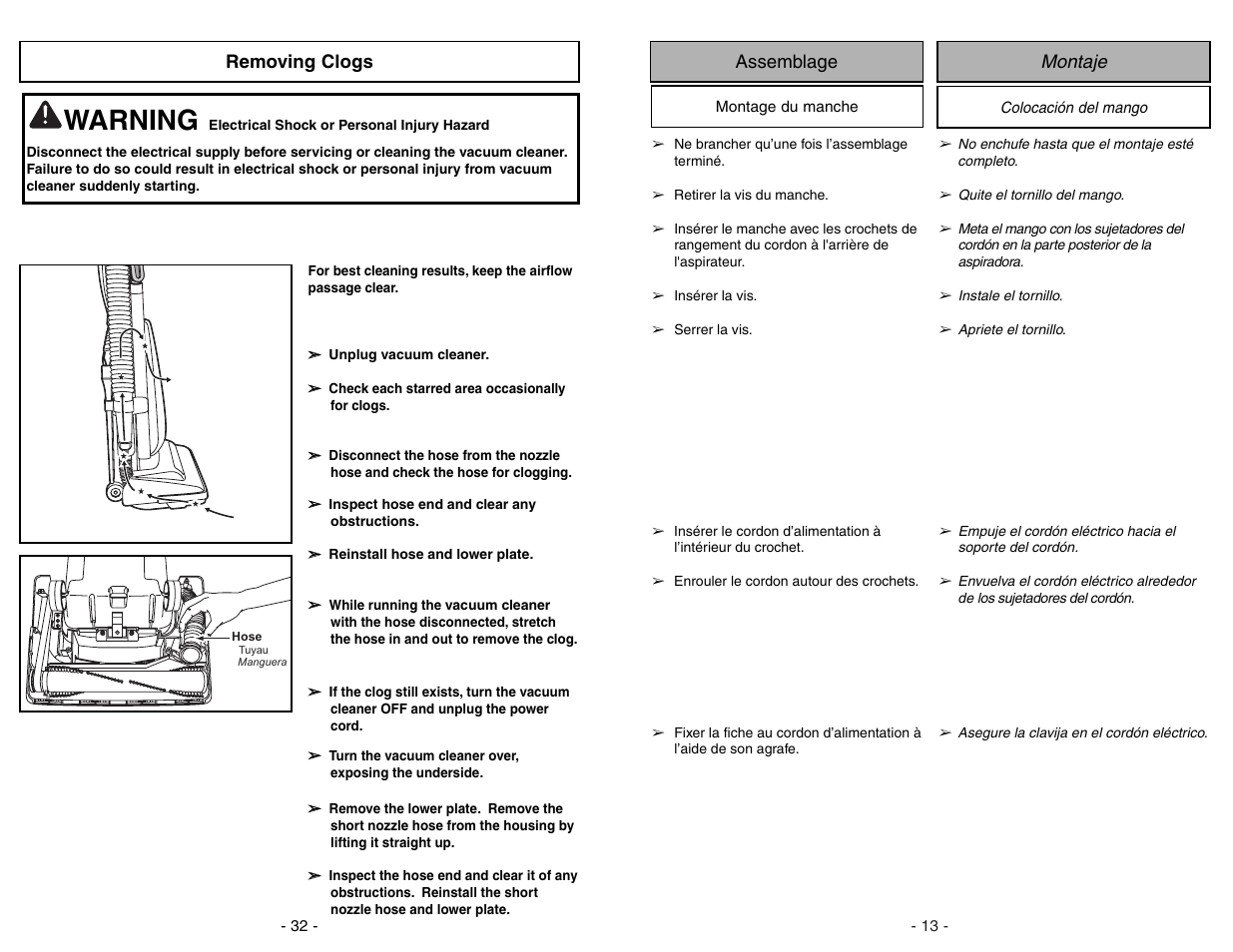 Removing clogs, Warning, Montaje assemblage | Panasonic MC-UG371 User Manual | Page 32 / 44