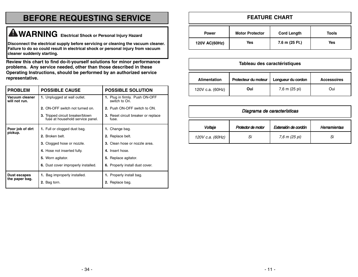 Before requesting service, Warning | Panasonic MC-UG371 User Manual | Page 34 / 44