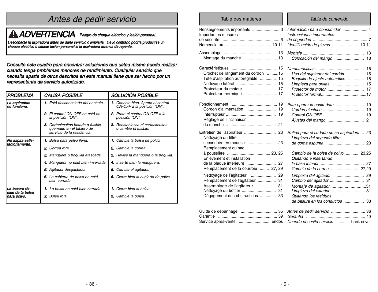 Antes de pedir servicio, Aad dv ve er rt te en nc ciia a | Panasonic MC-UG371 User Manual | Page 36 / 44