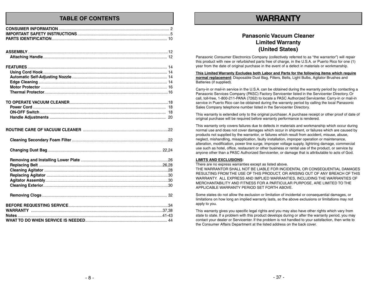 Warranty | Panasonic MC-UG371 User Manual | Page 37 / 44