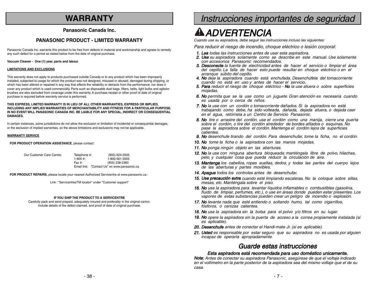 Warranty | Panasonic MC-UG371 User Manual | Page 38 / 44