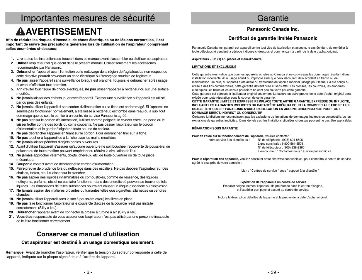 Garantie, Importantes mesures de sécurité avertissement, Conserver ce manuel d’utilisation | Panasonic MC-UG371 User Manual | Page 39 / 44