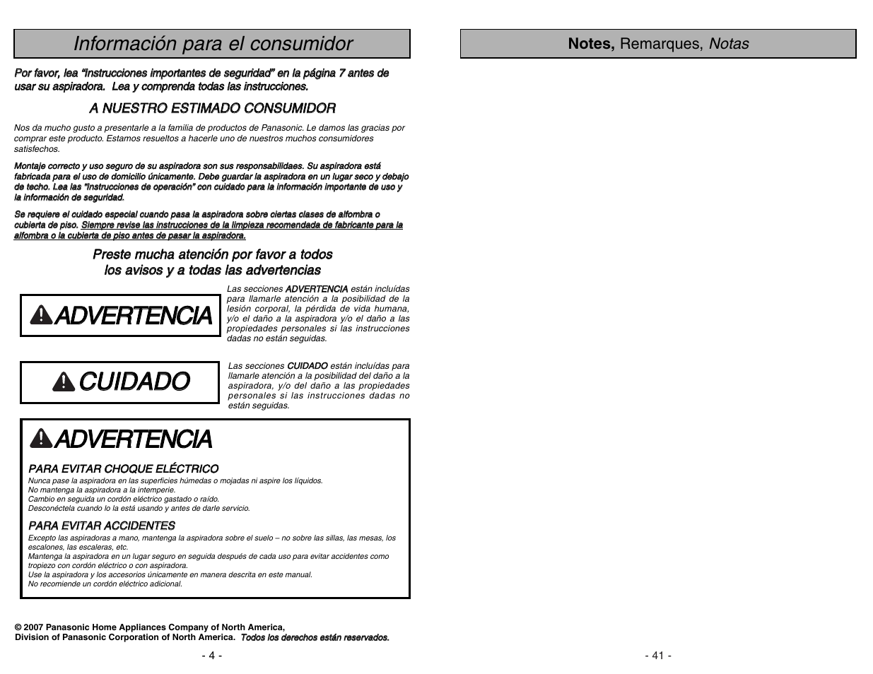 Informacion para el consumidor, Aad dv ve er rt te en nc ciia a, Ccu uiid da ad do o | Información para el consumidor, Notas | Panasonic MC-UG371 User Manual | Page 4 / 44