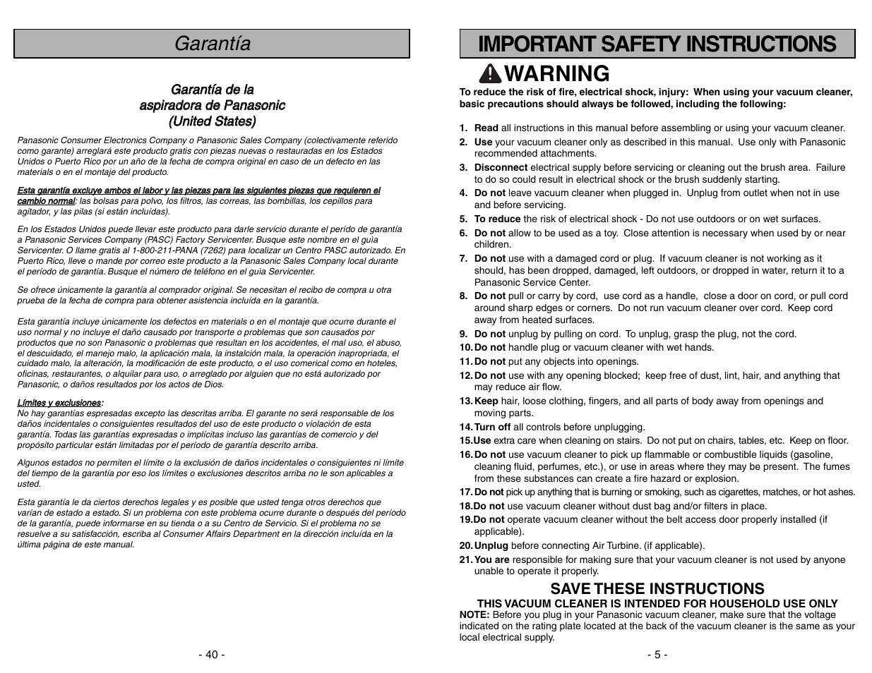 Garantia, Warning, Important safety instructions | Garantía, Save these instructions | Panasonic MC-UG371 User Manual | Page 40 / 44