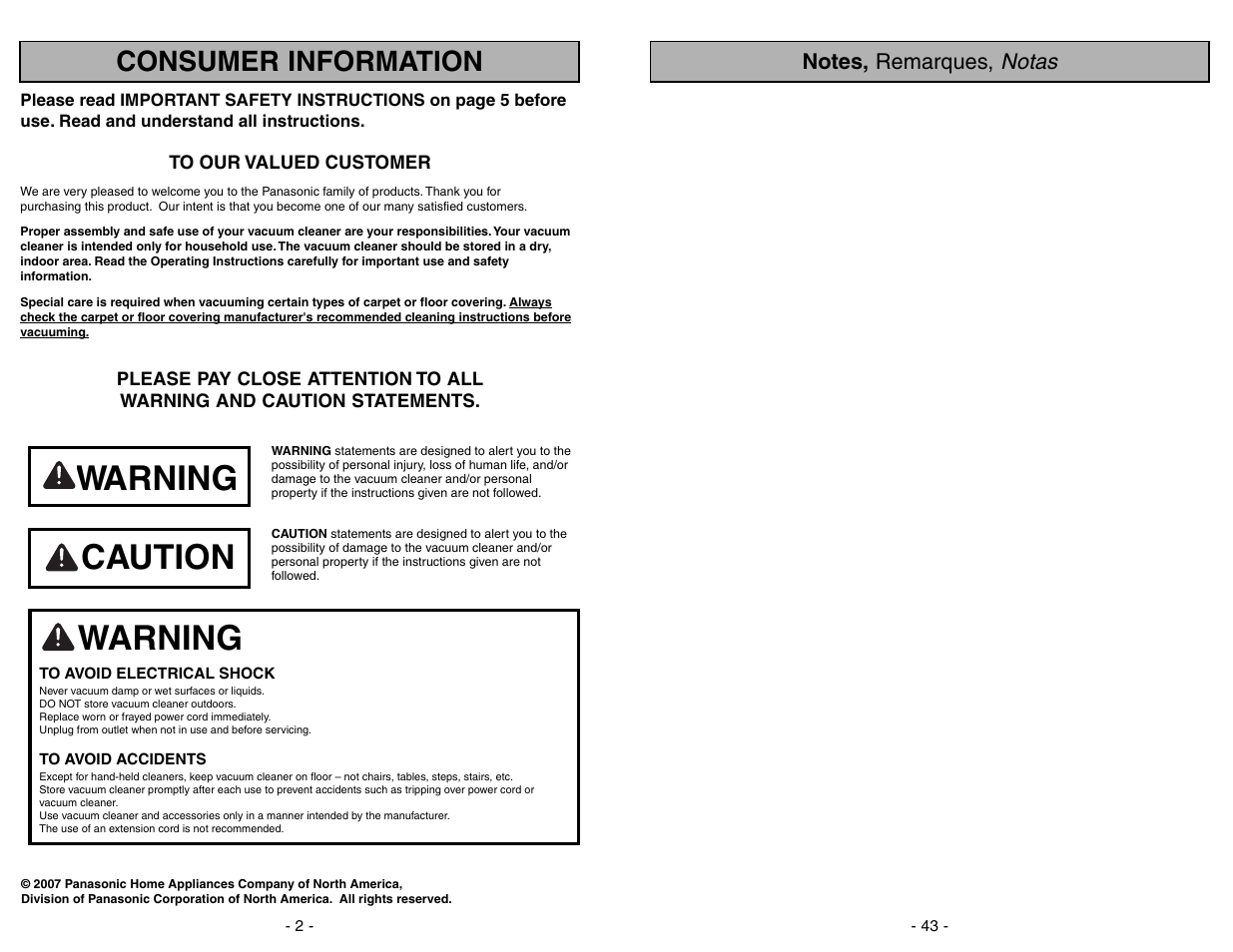 Warning, Caution, Consumer information | Panasonic MC-UG371 User Manual | Page 43 / 44