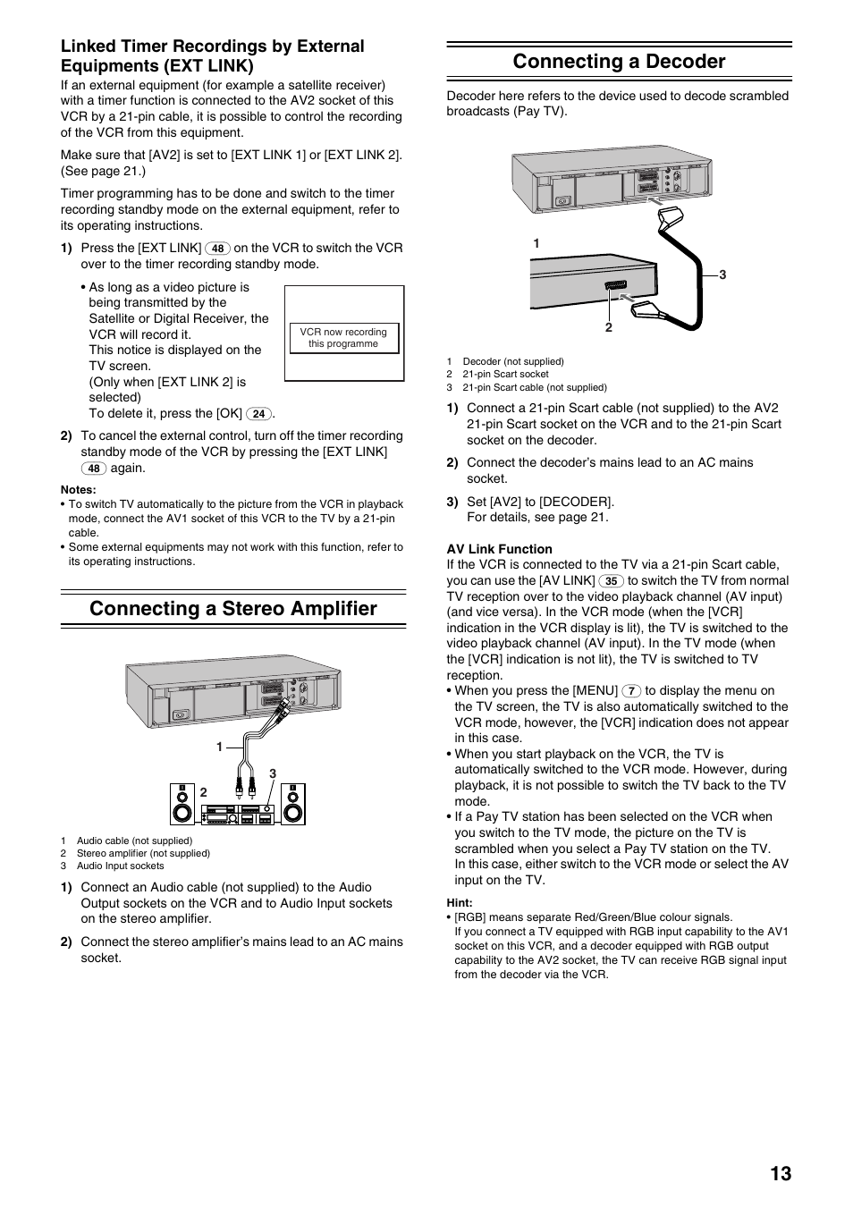 Connecting a stereo amplifier, Connecting a decoder | Panasonic NV-HS830 User Manual | Page 13 / 26