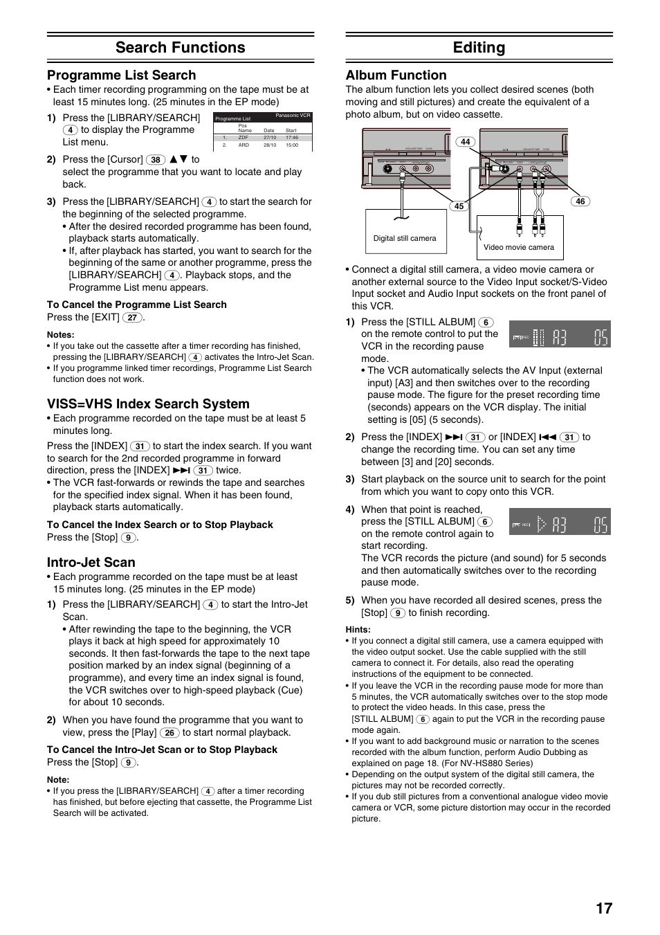 Search functions, Editing, 17 search functions | Programme list search, Viss=vhs index search system, Intro-jet scan, Album function | Panasonic NV-HS830 User Manual | Page 17 / 26