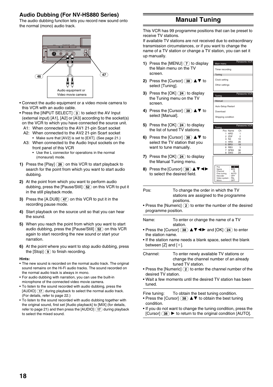Manual tuning, Audio dubbing (for nv-hs880 series) | Panasonic NV-HS830 User Manual | Page 18 / 26